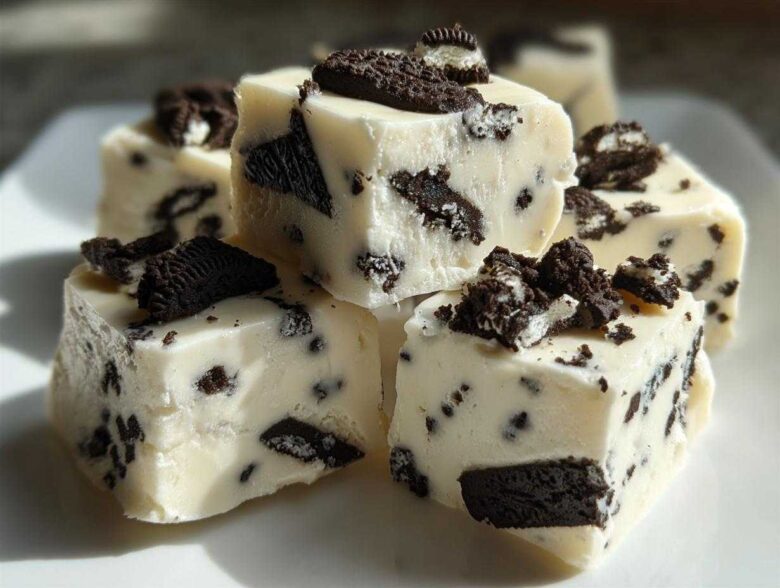 Close-up of creamy white Oreo fudge squares studded with dark cookie pieces, topped with crushed Oreo.