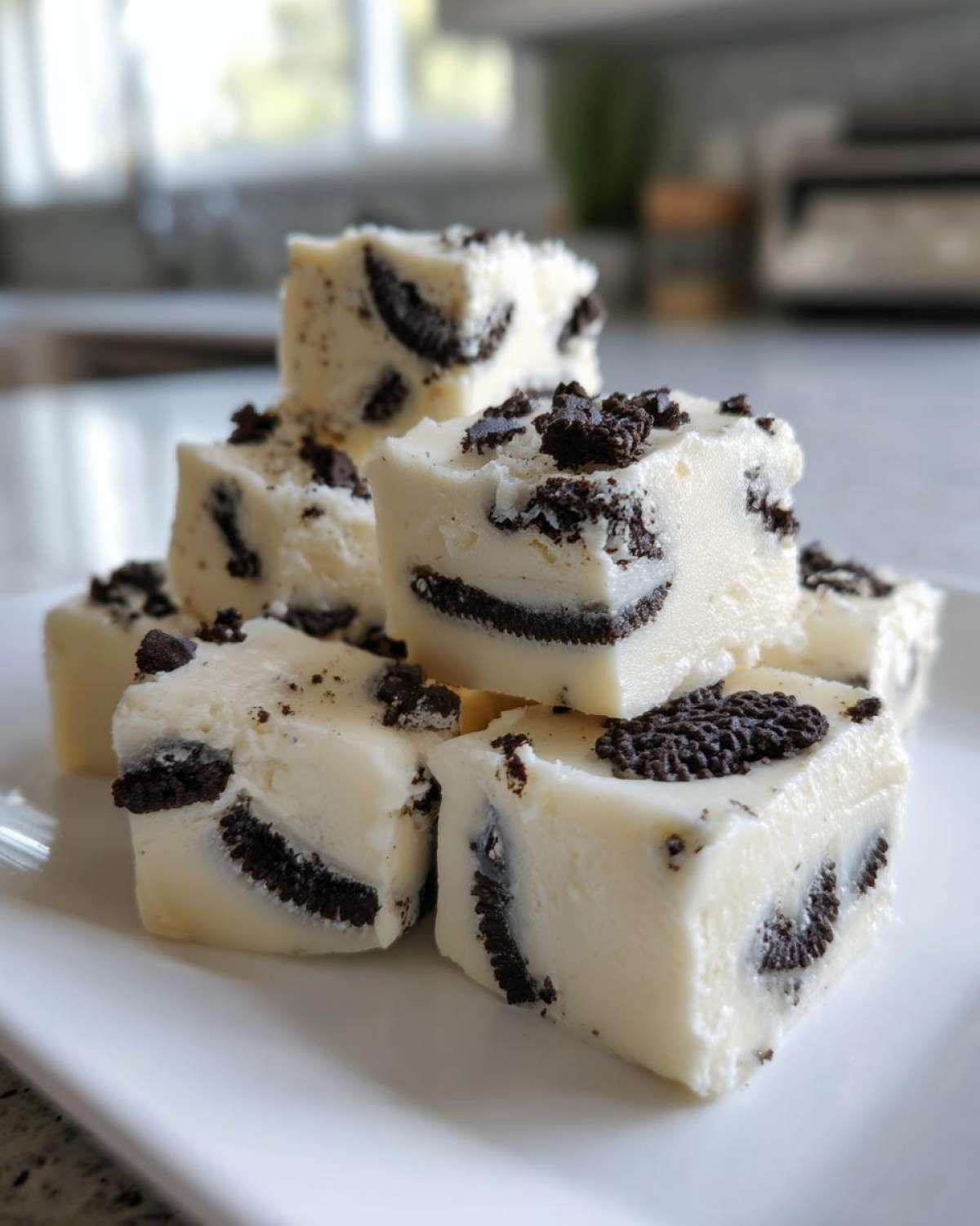 A stack of creamy white Oreo fudge squares studded with crushed Oreo cookies, ready to serve.