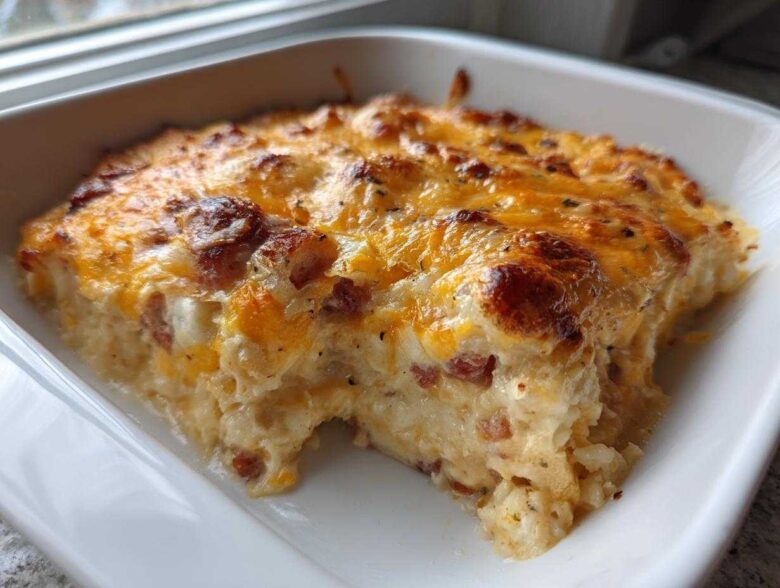 A close-up view of a creamy, baked pierogi casserole topped with melted, browned cheddar cheese.