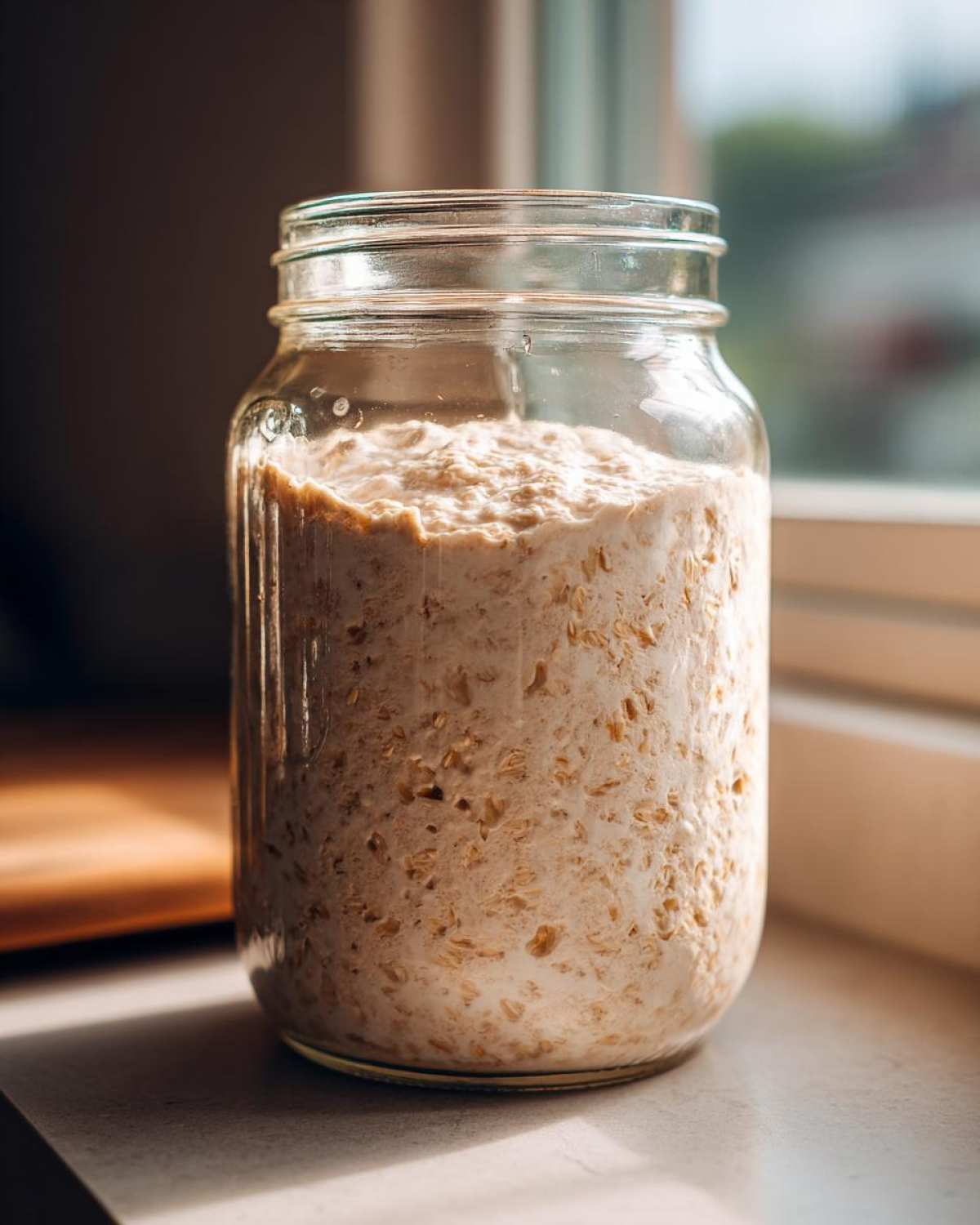 A bubbly, active sourdough starter mixture, possibly containing oats, rising inside a clear glass jar near a window.