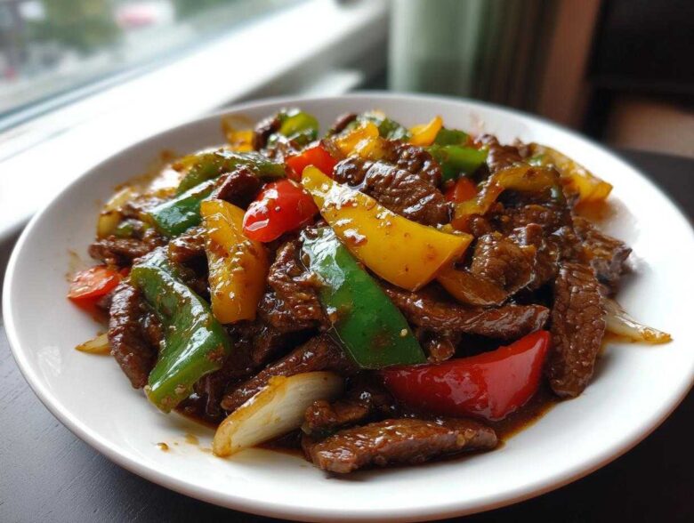 Close-up of a white bowl filled with glossy, saucy pepper steak strips mixed with colorful bell peppers and onions.