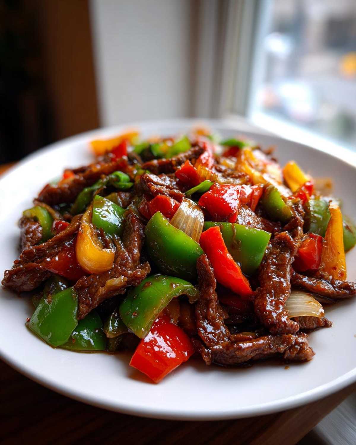 A close-up of a serving of glossy, saucy pepper steak mixed with vibrant red, green, and yellow bell peppers and onions.