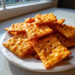 A close-up of a white plate piled high with golden, homemade cheese crackers.