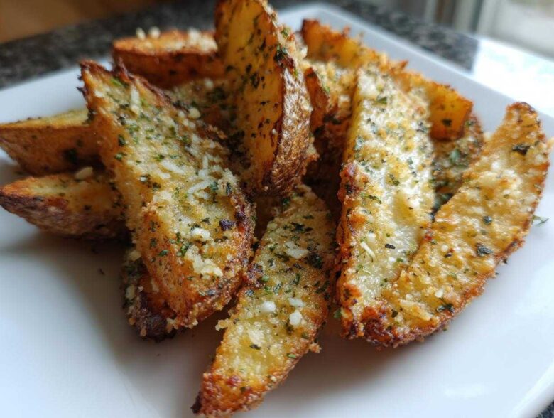 Close-up of golden brown, seasoned potato wedges topped with herbs and Parmesan cheese.
