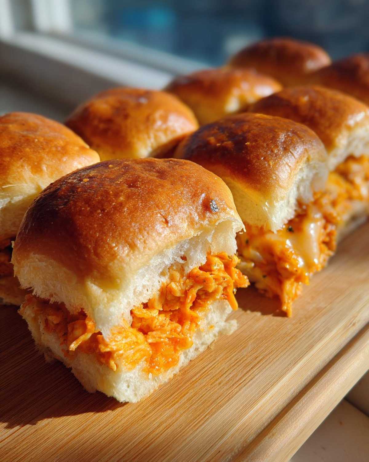 A row of freshly baked buffalo chicken sliders with bright orange filling, sitting on a wooden cutting board.