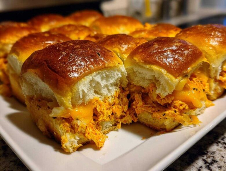 A close-up view of several baked buffalo chicken sliders filled with shredded orange chicken and melted cheese on a white platter.