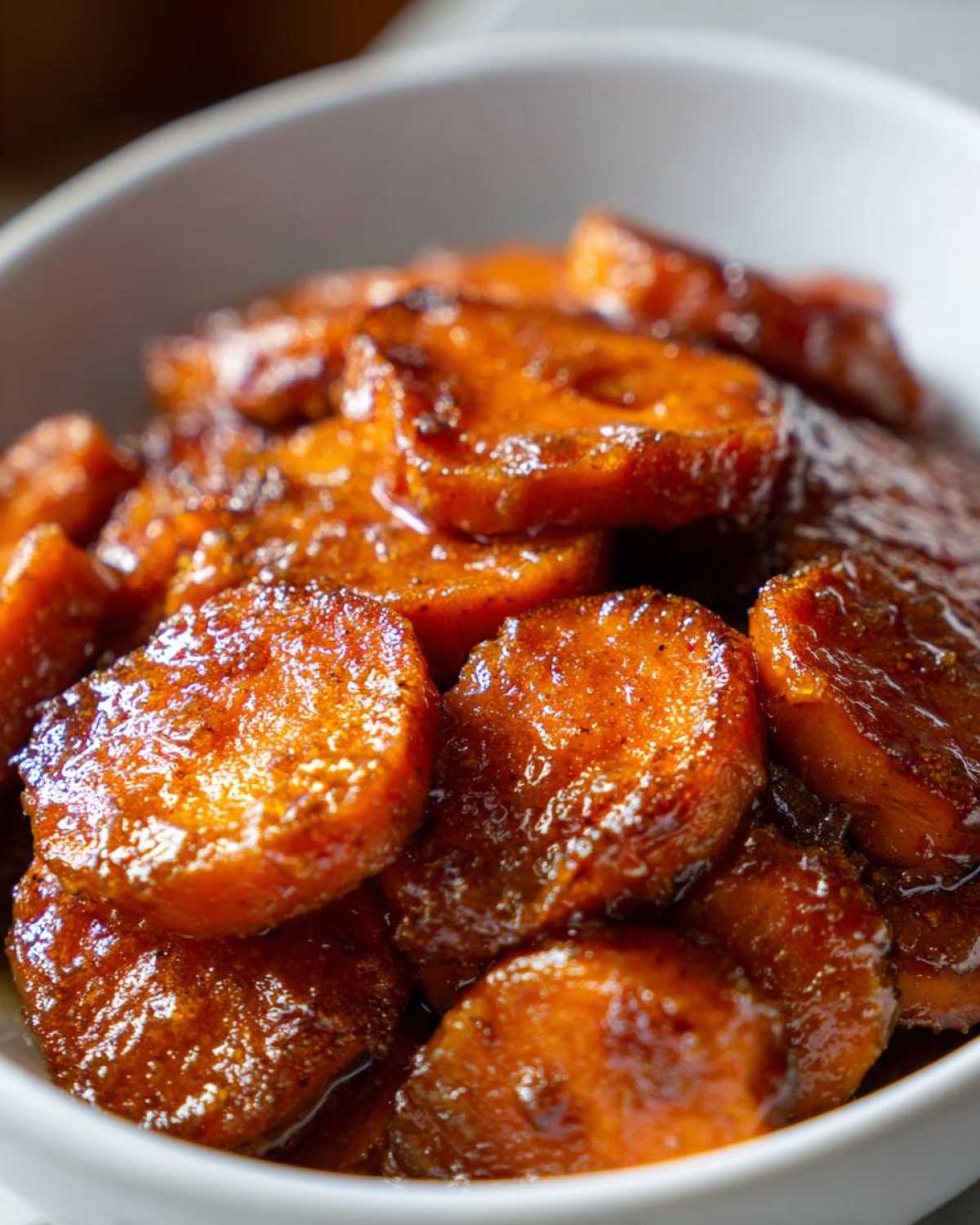 Close-up of rich, glazed, sliced candied yams piled high in a white serving bowl.