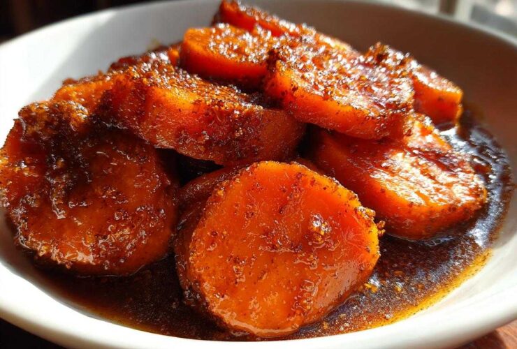 Close-up of thick-cut, bright orange candied yams glistening in a rich, dark brown sugary glaze.