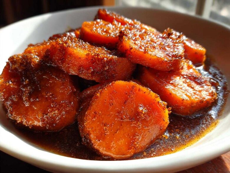 Close-up of thick-cut, bright orange candied yams glistening in a rich, dark brown sugary glaze.