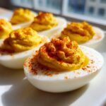 Close-up of several perfectly piped deviled eggs dusted with bright red paprika on a white platter.