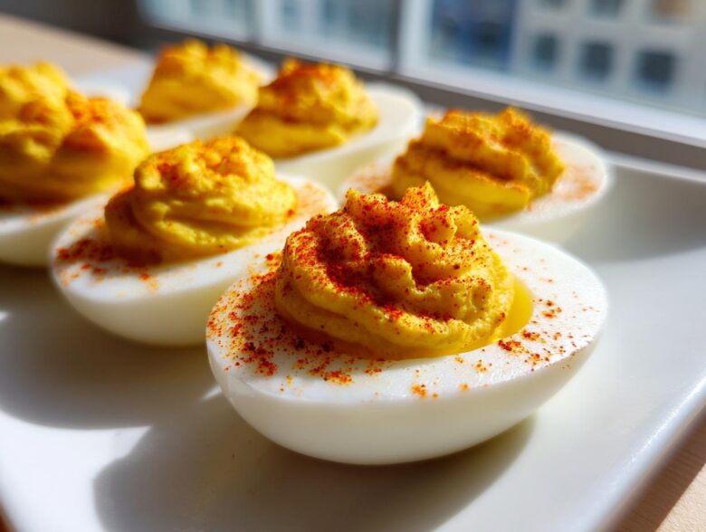 Close-up of several perfectly piped deviled eggs dusted with bright red paprika on a white platter.