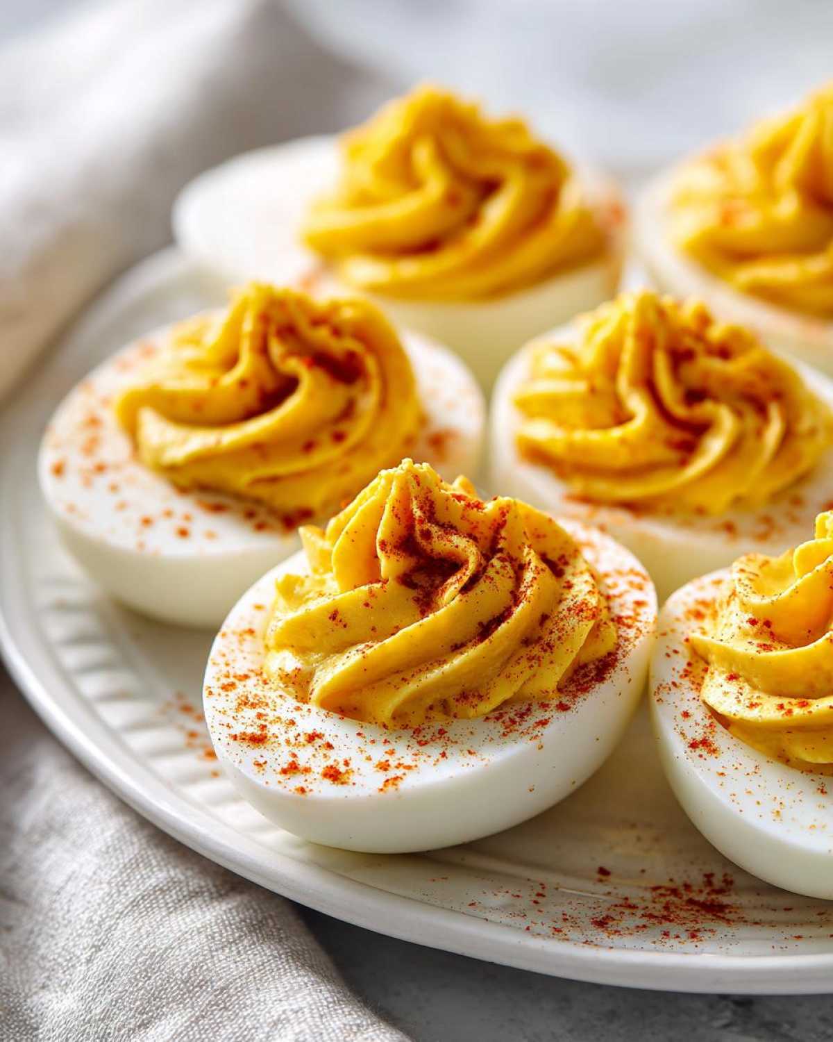 Close-up of several perfectly piped deviled eggs sprinkled with paprika on a white platter.
