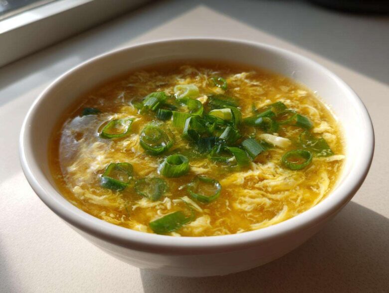 A white bowl filled with golden yellow egg drop soup, featuring wispy cooked egg ribbons and topped generously with fresh green chopped scallions.