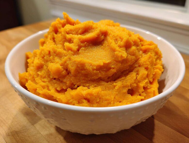 A close-up of a white bowl filled with vibrant, fluffy mashed sweet potatoes.