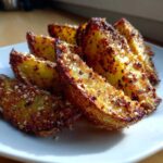 Close-up of perfectly baked, crispy potato wedges seasoned with spices and Parmesan cheese.