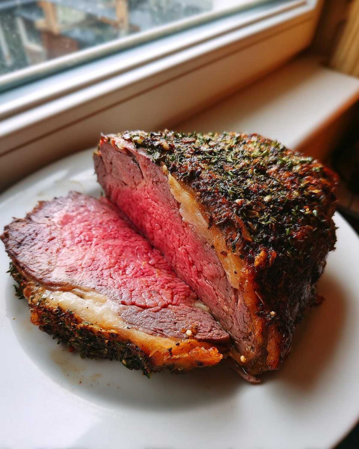 A thick slice of perfectly cooked rib roast showing a deep pink, medium-rare center and herb crust.