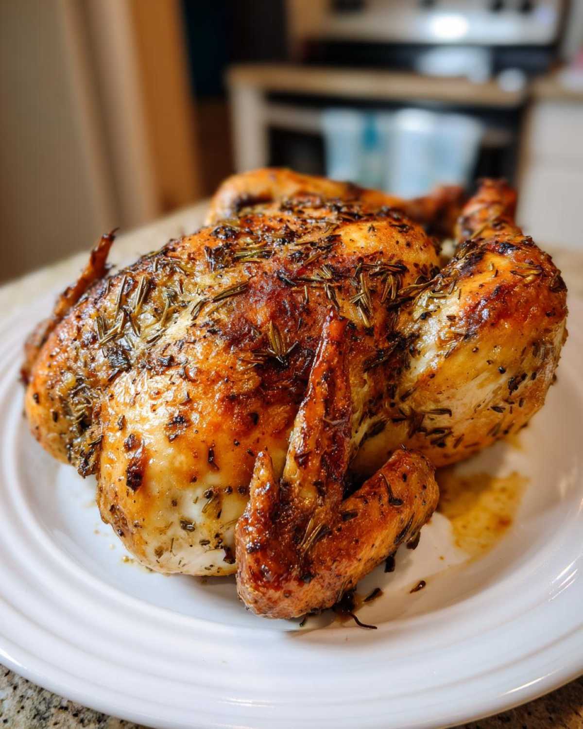 A whole, perfectly roasted spatchcock chicken with golden-brown, herb-crusted skin resting on a white plate.