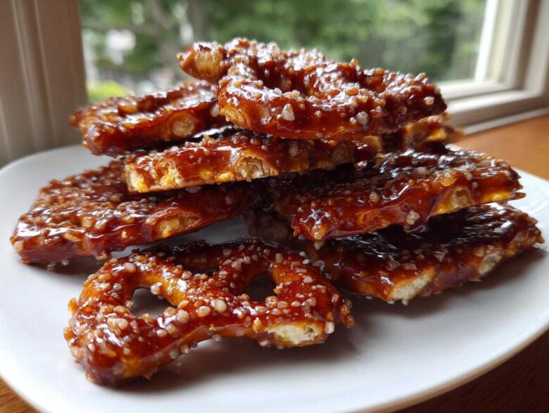 A close-up stack of crunchy pretzels coated in glossy, dark toffee and sprinkled with coarse salt, ready to eat.