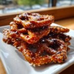 A close-up stack of crunchy, shiny toffee pretzels coated in a rich, dark caramel glaze.