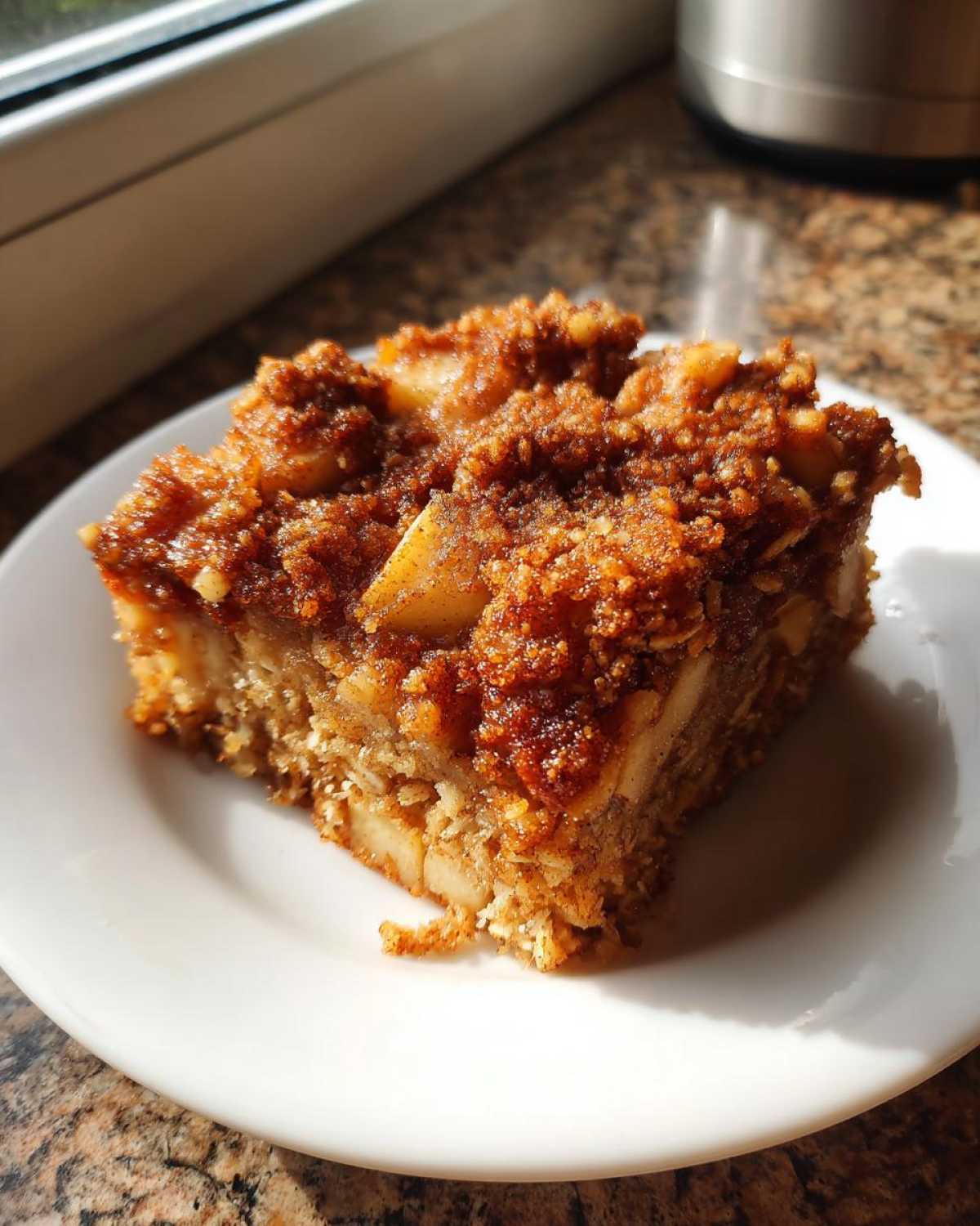 A square slice of apple cinnamon baked oatmeal with a rich, brown sugar crumble topping, served on a white plate.