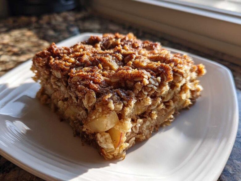 A square slice of apple cinnamon baked oatmeal topped with cinnamon sugar, served on a white plate.