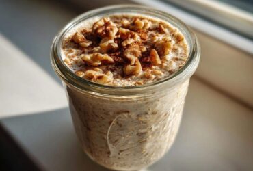 Close-up of apple cinnamon overnight oats in a glass jar topped with walnuts and cinnamon.