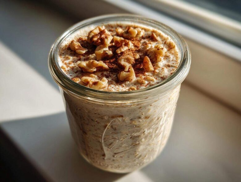 Close-up of apple cinnamon overnight oats in a glass jar topped with walnuts and cinnamon.