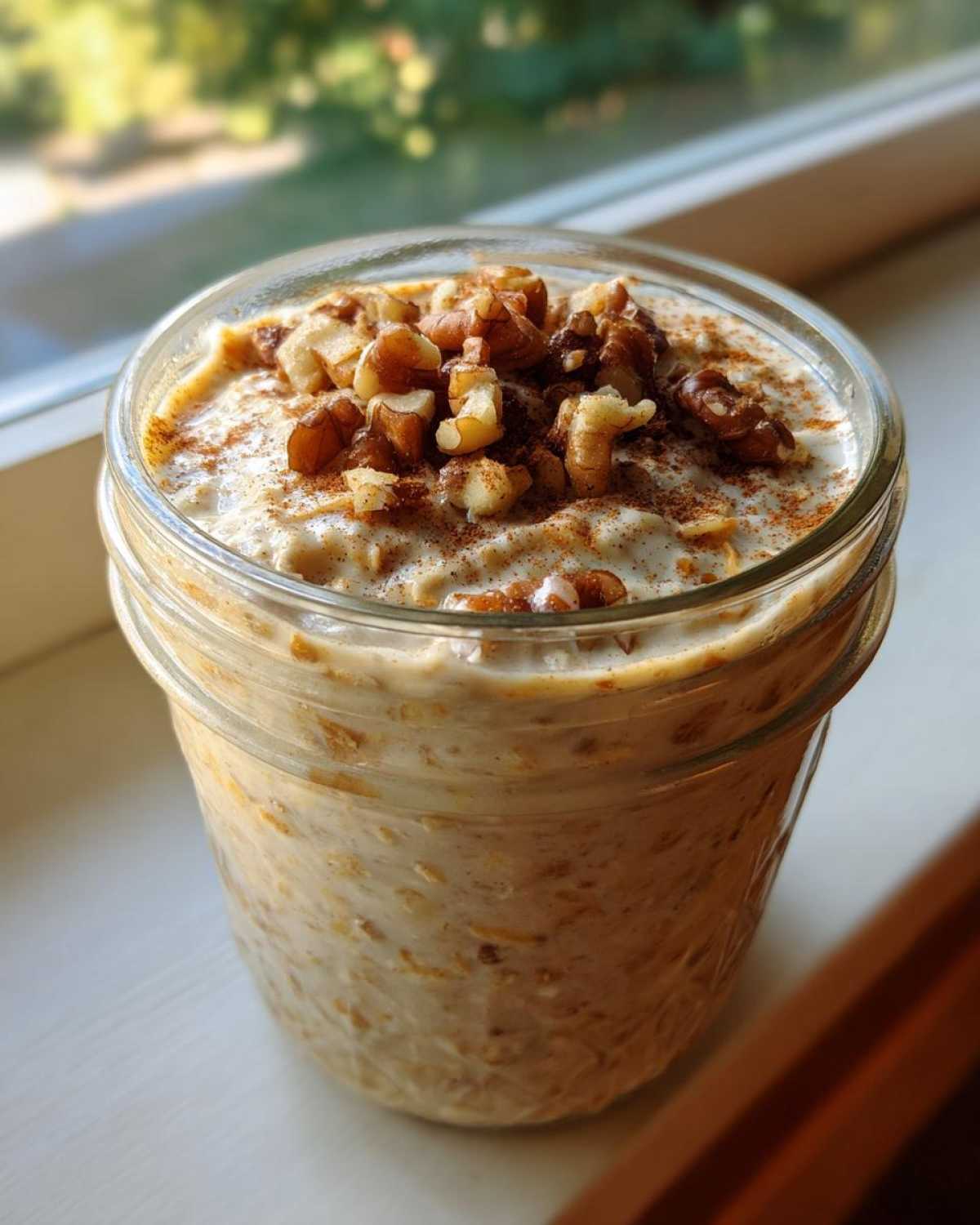 Close-up of apple cinnamon overnight oats in a glass jar, topped with chopped walnuts and cinnamon.