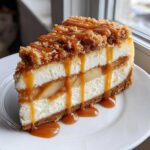 A decadent slice of apple pie cheesecake layered with apples, topped with crumble and rich caramel sauce.