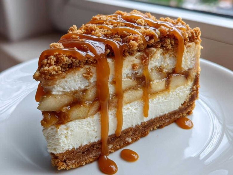 A decadent slice of apple pie cheesecake layered with apples and topped with crumble and caramel sauce.