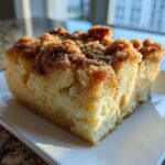 Close-up of a thick slice of baked french toast with a rich, sugary cinnamon streusel topping.