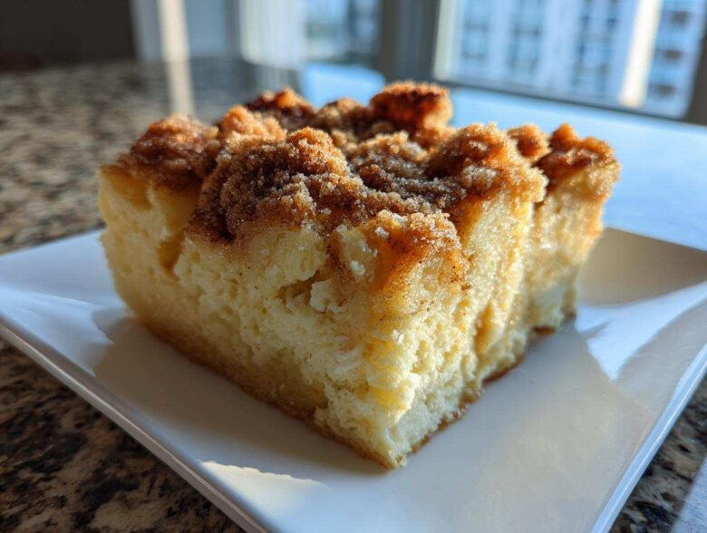 Close-up of a thick slice of baked french toast with a rich, sugary cinnamon streusel topping.