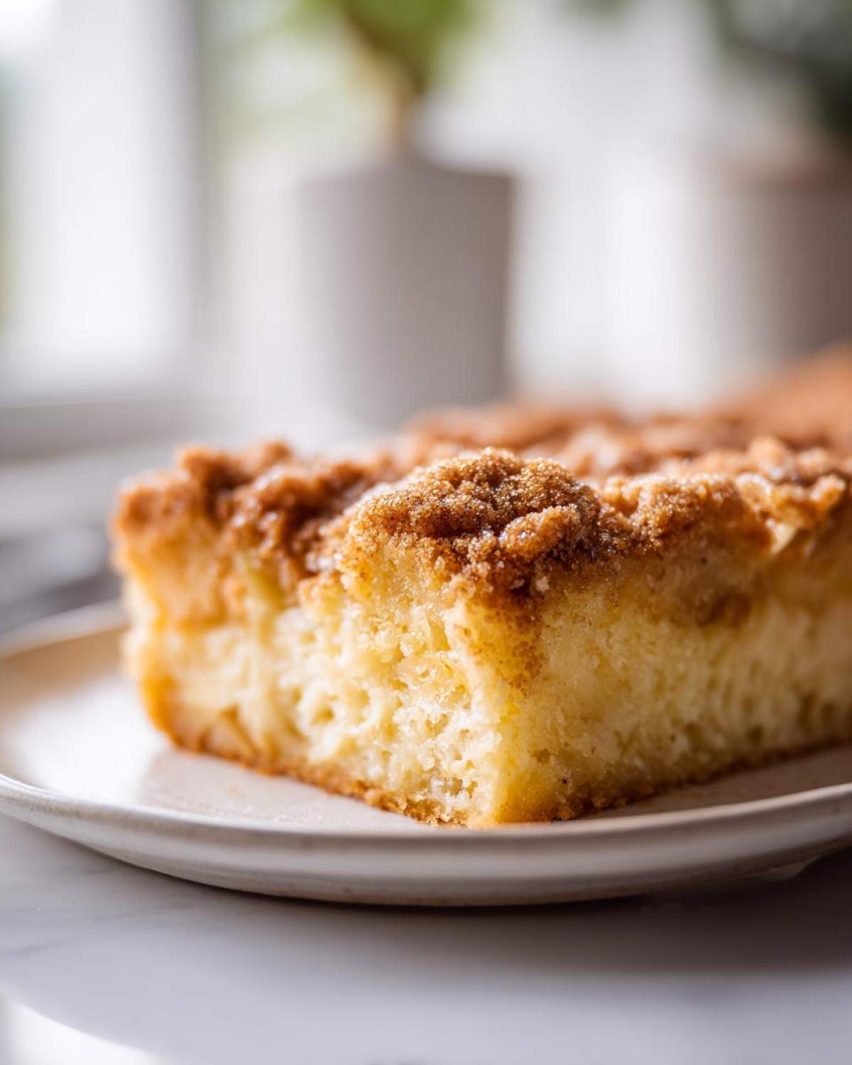 Close-up of a square slice of baked french toast with a thick, crumbly cinnamon topping served on a light plate.