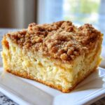 A thick, golden slice of baked french toast casserole topped with brown sugar streusel, served on a white plate.