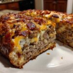 A cross-section view of baked garbage bread filled with seasoned ground meat, melted cheese, and bacon topping.