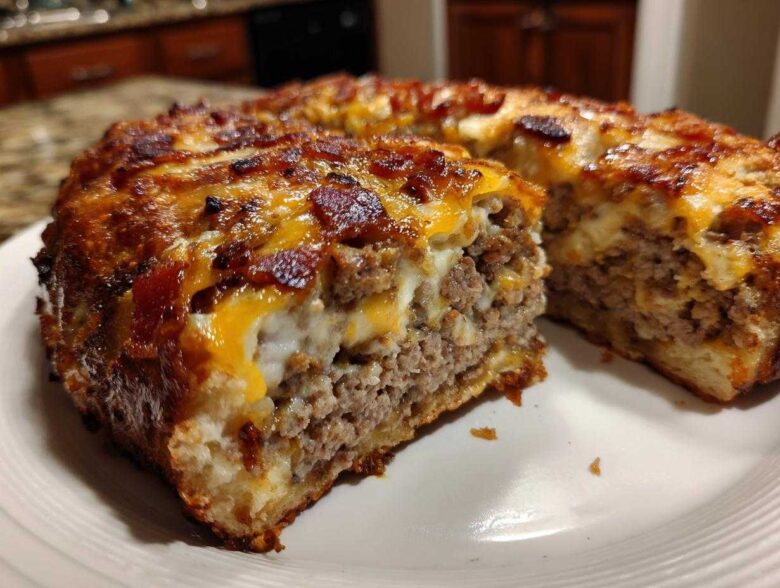 A cross-section view of baked garbage bread filled with seasoned ground meat, melted cheese, and bacon topping.
