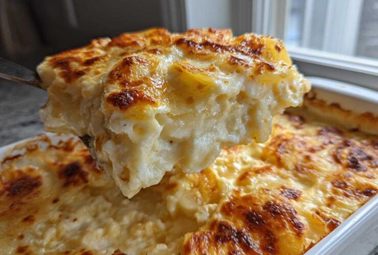 A spoonful lifted from a baking dish showing a thick, creamy slice of best scalloped potatoes recipe with a golden-brown top.
