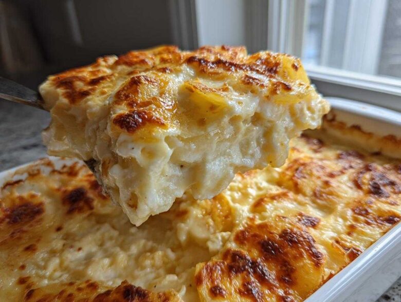 A spoonful lifted from a baking dish showing a thick, creamy slice of best scalloped potatoes recipe with a golden-brown top.