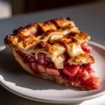 A close-up of a perfect slice of strawberry rhubarb pie featuring a golden lattice crust and bright red filling.