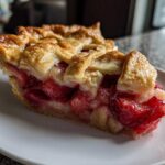 Close-up of a slice of strawberry rhubarb pie showing juicy filling and a golden, flaky lattice crust.