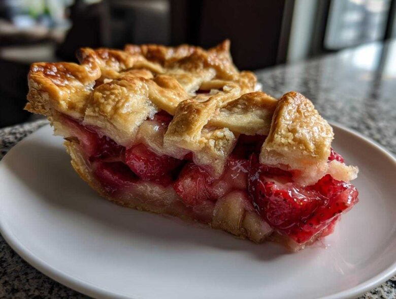 Close-up of a slice of strawberry rhubarb pie showing juicy filling and a golden, flaky lattice crust.