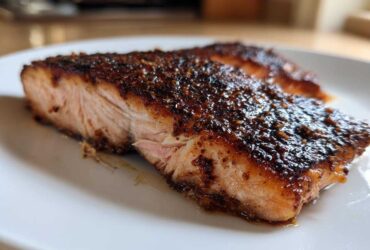 Close-up of a thick, moist fillet of blackened salmon with a dark, heavily seasoned crust on a white plate.
