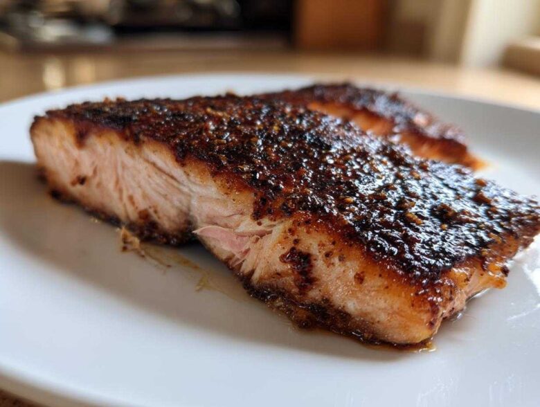 Close-up of a thick, moist fillet of blackened salmon with a dark, heavily seasoned crust on a white plate.