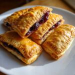 A stack of golden-brown, flaky Blueberry Pie Bombs showing the rich, dark blueberry filling inside.