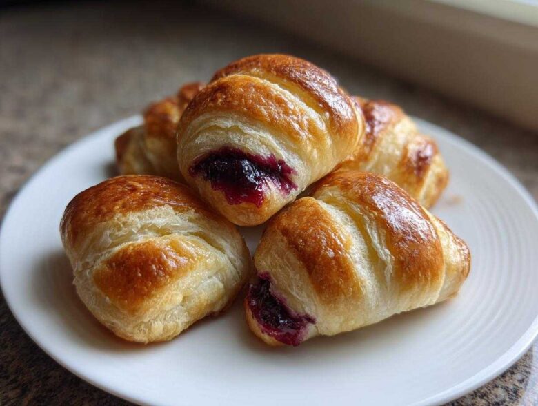 A close-up of several golden-brown Blueberry Pie Bombs filled with dark purple blueberry jam, served on a white plate.