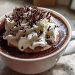 Close-up of a mug filled with rich boozy hot chocolate, topped with whipped cream and chocolate shavings.