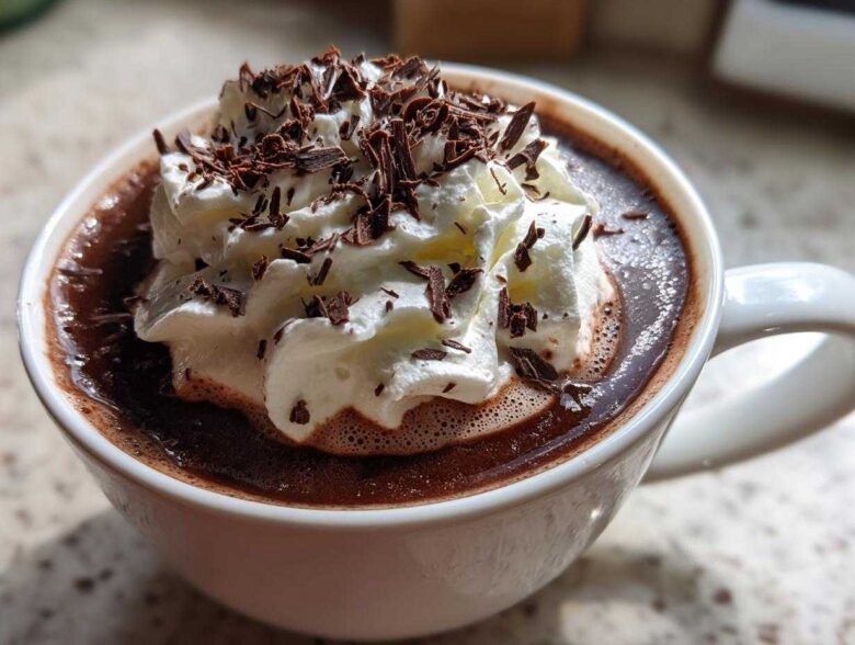 Close-up of a mug filled with rich boozy hot chocolate, topped with whipped cream and chocolate shavings.