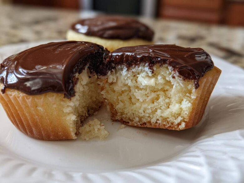 Close-up of a boston cream pie cupcake cut in half showing vanilla cake, cream filling, and chocolate glaze.