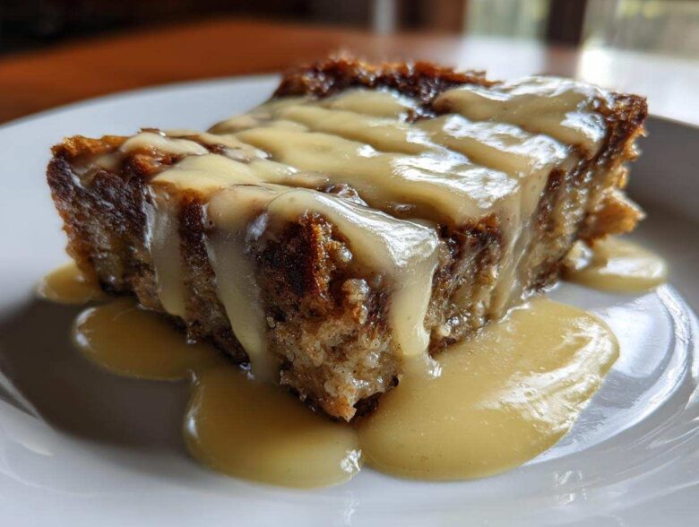 A close-up of a rich slice of bread pudding topped generously with creamy vanilla custard sauce.