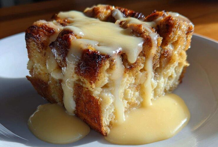 A close-up of a square serving of baked bread pudding recipe, drizzled heavily with creamy vanilla sauce.